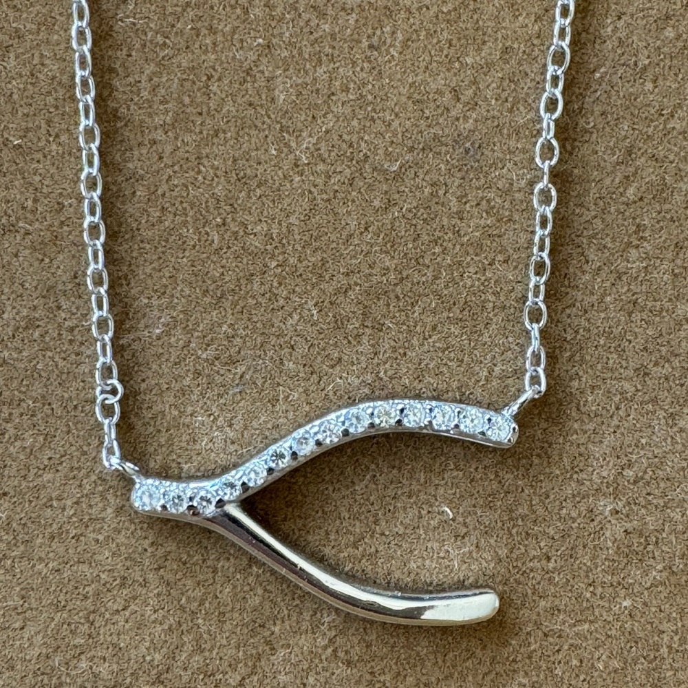 Elegant Silver Necklace with Crystal Accents Wishbone Sideways